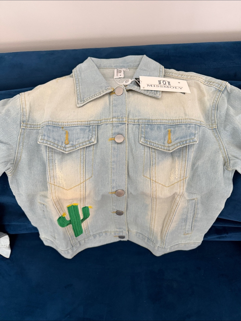 Miss Molly Light Wash Denim Jacket with Green Cactus Patch
